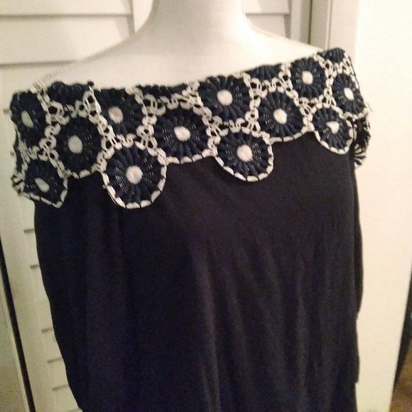 𝅺LOFT Off Shoulder navy pullover daisy collar women Shift Dress tie cuff. Sz. S - Picture 4 of 10
